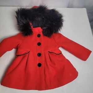 Cat & Jack Red & Black Faux Fur Hooded Peacoat Baby Girls Size 12 Months